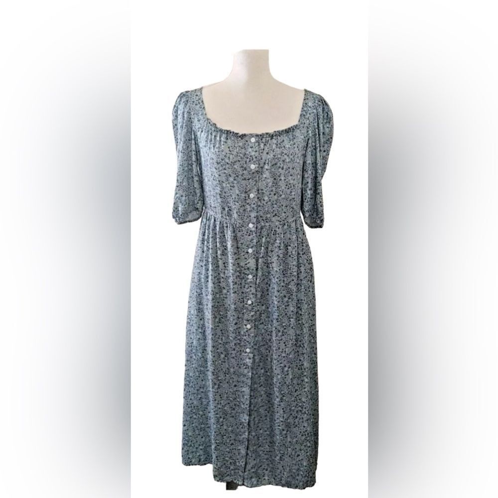 Beau & Ro The Jillian Dress Blue Floral Dot Print Puff Sleeves Size XS